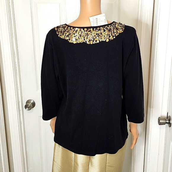 Coldwater Creek V-Neck Black V-Neck 3/4 Sleeve T-shirt with Gold Sequins Trim - Picture 4 of 7